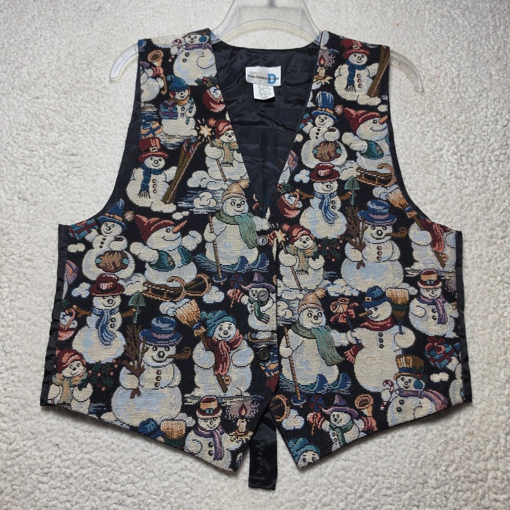 Paul Harris Design Vintage Snowman Tapestry Vest Large Holiday Christmas Woven